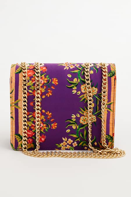 Shop The Garnish Company Purple Floral Wallpaper Print And Bead Embroidered Snowdrop Sling Bag at Aza Fashions Shop_The Garnish Company_Purple Floral Wallpaper Print And Bead Embroidered Snowdrop Sling Bag _at_Aza_Fashions