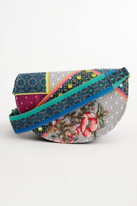 Shop The Garnish Company Multi Color Tile Magnolia Print Crescent Bag at Aza Fashions Shop_The Garnish Company_Multi Color Tile Magnolia Print Crescent Bag _at_Aza_Fashions