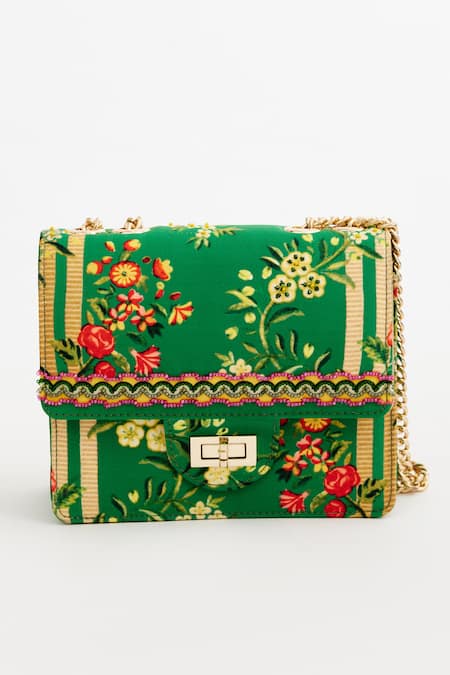 The Garnish Company Green Floral Wallpaper Print And Bead Embroidered Snowdrop Bag