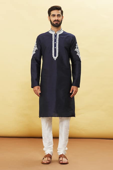 Arihant Rai Sinha_Blue Silk Embroidery Sleeve Kurta And Churidar Set _Online_at_Aza_Fashions