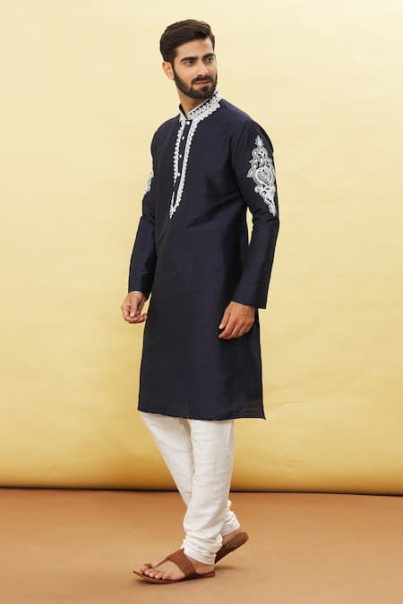 Buy_Arihant Rai Sinha_Blue Silk Embroidery Sleeve Kurta And Churidar Set _Online_at_Aza_Fashions