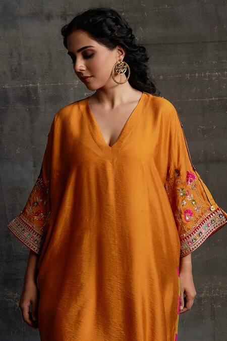 BO Tree_Yellow Cotton, Flannel Sequins, Zari, Embroidery Tamannah Kaftan And Pant Set_Online_at_Aza_Fashions