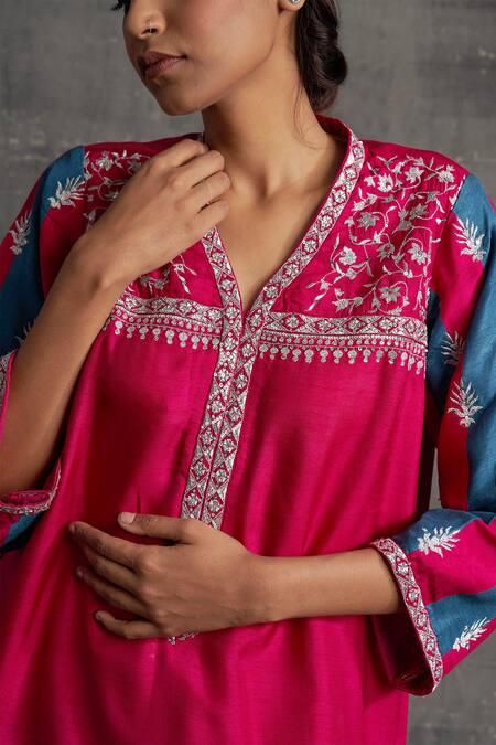BO Tree_Pink Silk Embroidery V-neck Gul Kurta And Pant Set_Online_at_Aza_Fashions