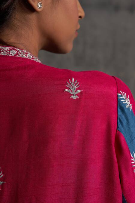 Shop_BO Tree_Pink Silk Embroidery V-neck Gul Kurta And Pant Set_Online_at_Aza_Fashions