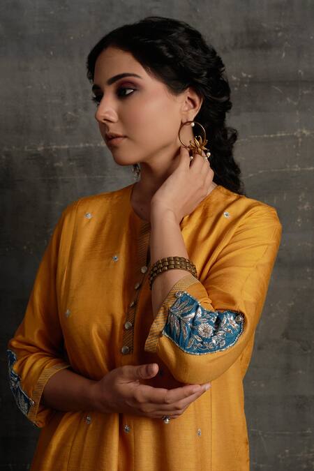 BO Tree_Yellow Silk, Cotton Zari, Embroidery Collared Zeena Kurta And Pant Set_Online_at_Aza_Fashions