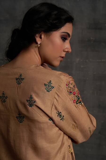 BO Tree_Beige Silk, Cotton Sequins, Embroidery V-neck Nazakat Kurta Pant Set_Online_at_Aza_Fashions