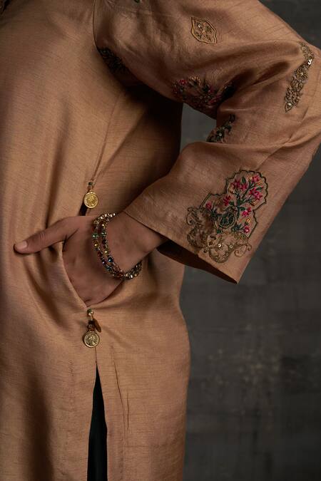Buy_BO Tree_Beige Silk, Cotton Sequins, Embroidery V-neck Nazakat Kurta Pant Set_Online_at_Aza_Fashions