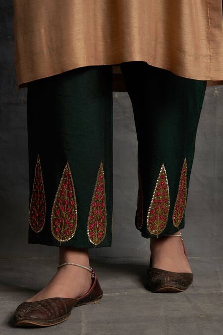 Shop_BO Tree_Beige Silk, Cotton Sequins, Embroidery V-neck Nazakat Kurta Pant Set_Online_at_Aza_Fashions