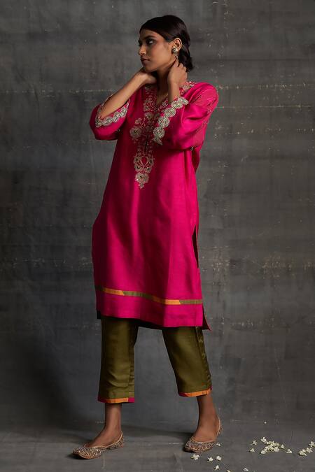 Buy BO Tree Pink Silk Embroidery, Gota Patti, Zari V-neck Waqif Kurta Pant Set at Aza Fashions Buy_BO Tree_Pink Silk Embroidery, Gota Patti, Zari V-neck Waqif Kurta Pant Set_at_Aza_Fashions
