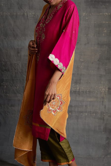 Shop BO Tree Pink Silk Embroidery, Gota Patti, Zari V-neck Waqif Kurta Pant Set at Aza Fashions Shop_BO Tree_Pink Silk Embroidery, Gota Patti, Zari V-neck Waqif Kurta Pant Set_at_Aza_Fashions