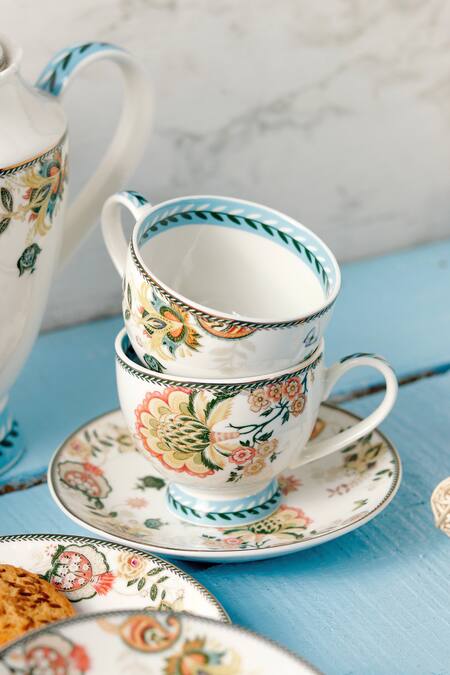 Shop_Vigneto_Blue Finest Premium Porcelain Flower Embossed Tea Set_at_Aza_Fashions