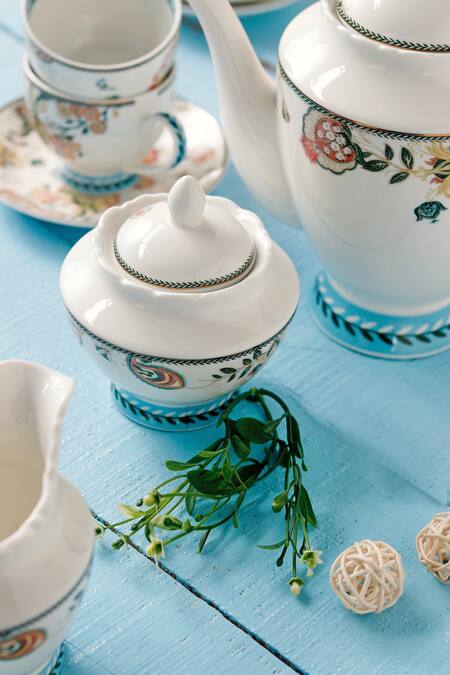 Buy_Vigneto_Blue Finest Premium Porcelain Flower Embossed Tea Set_Online_at_Aza_Fashions