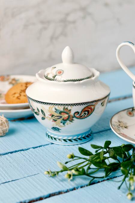 Shop_Vigneto_Blue Finest Premium Porcelain Flower Embossed Tea Set_Online_at_Aza_Fashions