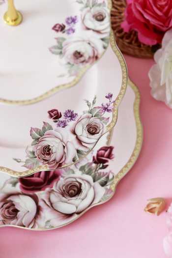 Vigneto_Pink Finest Premium Porcelain Rose Garden Embossed Three Tier Dessert Stand_Online_at_Aza_Fashions