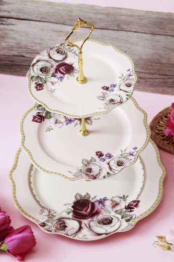 Buy_Vigneto_Pink Finest Premium Porcelain Rose Garden Embossed Three Tier Dessert Stand_Online_at_Aza_Fashions