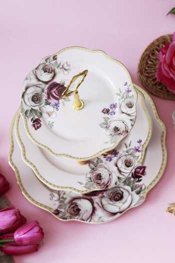 Vigneto_Pink Finest Premium Porcelain Rose Garden Embossed Three Tier Dessert Stand_at_Aza_Fashions