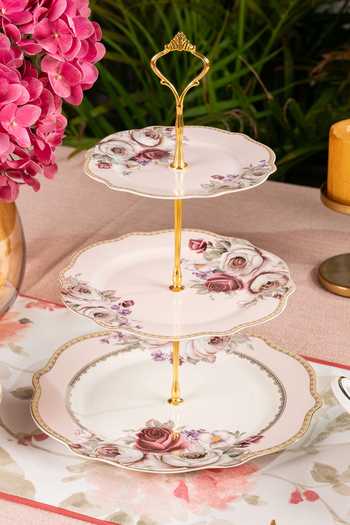 Buy_Vigneto_Pink Finest Premium Porcelain Rose Garden Embossed Three Tier Dessert Stand