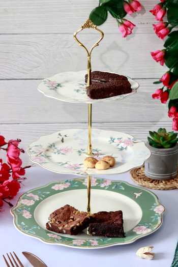 Buy Vigneto Green Finest Premium Victorian Floral Embossed Three Tier Dessert Stand at Aza Fashions Buy_Vigneto_Green Finest Premium Victorian Floral Embossed Three Tier Dessert Stand_at_Aza_Fashions