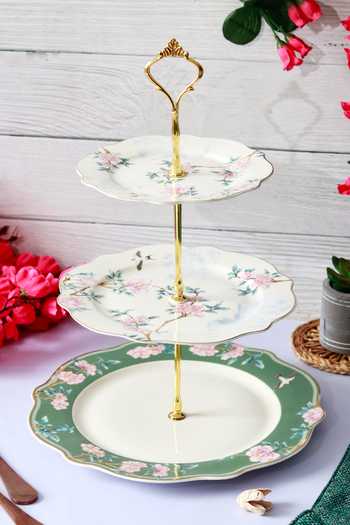 Shop Vigneto Green Finest Premium Victorian Floral Embossed Three Tier Dessert Stand at Aza Fashions Shop_Vigneto_Green Finest Premium Victorian Floral Embossed Three Tier Dessert Stand_at_Aza_Fashions