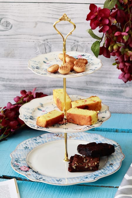 Vigneto Blue Finest Premium Porcelain Spring Meadows Pattern Three Tier Dessert Stand 