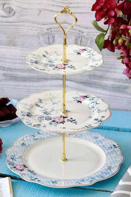 Shop Vigneto Blue Finest Premium Porcelain Spring Meadows Pattern Three Tier Dessert Stand at Aza Fashions Shop_Vigneto_Blue Finest Premium Porcelain Spring Meadows Pattern Three Tier Dessert Stand_at_Aza_Fashions