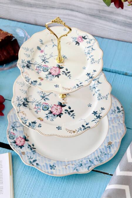 Vigneto Blue Finest Premium Porcelain Spring Meadows Pattern Three Tier Dessert Stand Online at Aza Fashions Vigneto_Blue Finest Premium Porcelain Spring Meadows Pattern Three Tier Dessert Stand_Online_at_Aza_Fashions