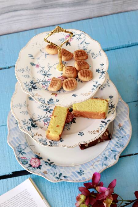 Buy Vigneto Blue Finest Premium Porcelain Spring Meadows Pattern Three Tier Dessert Stand Online at Aza Fashions Buy_Vigneto_Blue Finest Premium Porcelain Spring Meadows Pattern Three Tier Dessert Stand_Online_at_Aza_Fashions