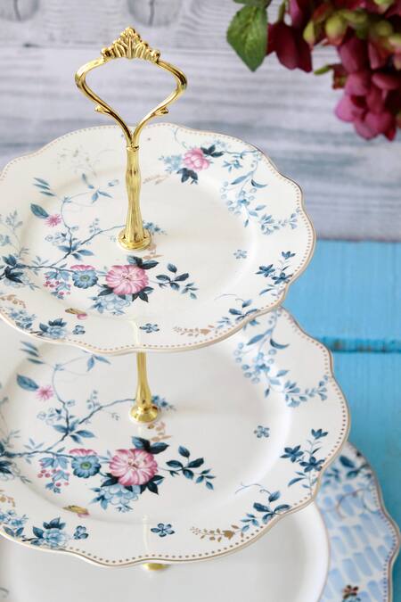Shop Vigneto Blue Finest Premium Porcelain Spring Meadows Pattern Three Tier Dessert Stand Online at Aza Fashions Shop_Vigneto_Blue Finest Premium Porcelain Spring Meadows Pattern Three Tier Dessert Stand_Online_at_Aza_Fashions