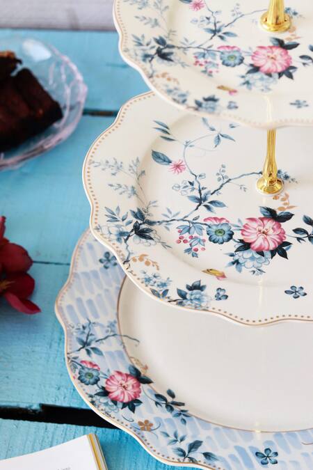 Vigneto Blue Finest Premium Porcelain Spring Meadows Pattern Three Tier Dessert Stand at Aza Fashions Vigneto_Blue Finest Premium Porcelain Spring Meadows Pattern Three Tier Dessert Stand_at_Aza_Fashions