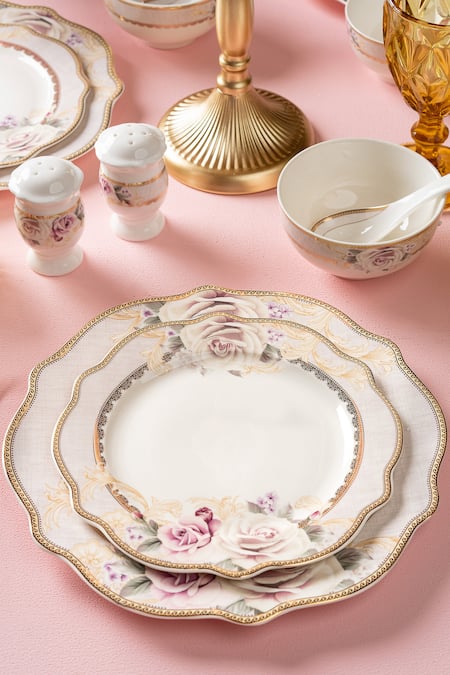 Buy Vigneto Pink Finest Premium Porcelain Roses Embossed Dinner Set Online at Aza Fashions Buy_Vigneto_Pink Finest Premium Porcelain Roses Embossed Dinner Set_Online_at_Aza_Fashions