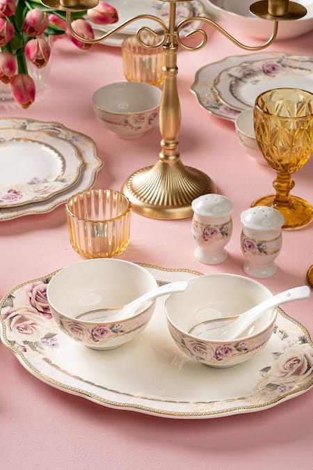 Shop Vigneto Pink Finest Premium Porcelain Roses Embossed Dinner Set Online at Aza Fashions Shop_Vigneto_Pink Finest Premium Porcelain Roses Embossed Dinner Set_Online_at_Aza_Fashions