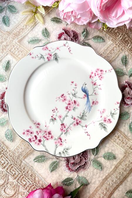 Shop Vigneto White Finest Premium Porcelain Orchid Bliss Pattern Serving Set at Aza Fashions Shop_Vigneto_White Finest Premium Porcelain Orchid Bliss Pattern Serving Set_at_Aza_Fashions