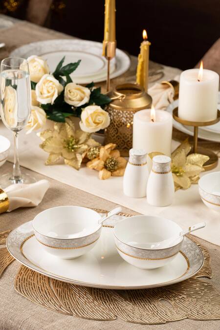 Shop Vigneto White Finest Premium Porcelain Floral Pattern Dinner Set Online at Aza Fashions Shop_Vigneto_White Finest Premium Porcelain Floral Pattern Dinner Set_Online_at_Aza_Fashions