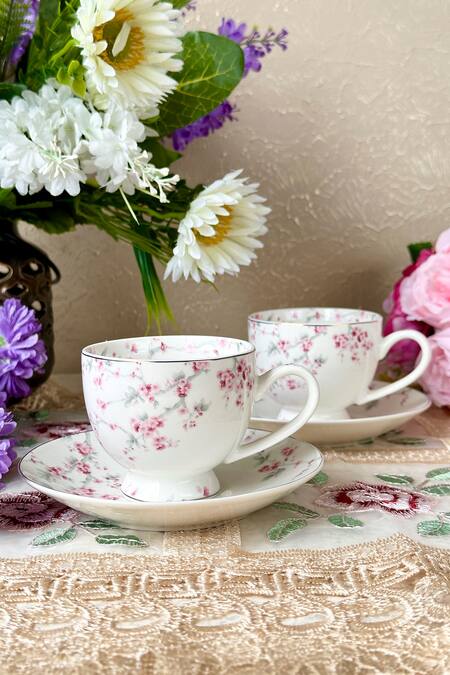 Vigneto_White Finest Premium Porcelain Floral And Peacock Orchid Bliss Cup & Saucer Set_Online_at_Aza_Fashions