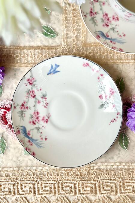 Shop_Vigneto_White Finest Premium Porcelain Floral And Peacock Orchid Bliss Cup & Saucer Set_Online_at_Aza_Fashions