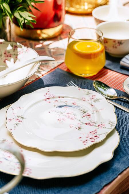 Vigneto_White Finest Premium Porcelain Floral And Peacock Orchid Bliss Dinner Set_Online_at_Aza_Fashions