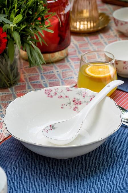 Shop_Vigneto_White Finest Premium Porcelain Floral And Peacock Orchid Bliss Dinner Set_Online_at_Aza_Fashions