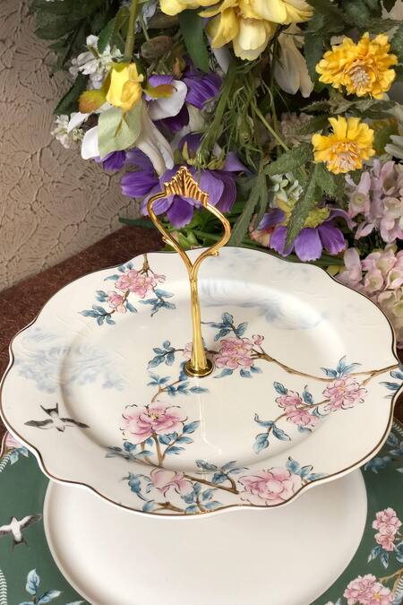 Vigneto_Green Finest Premium Porcelain Blossom Victorian Two Tier Dessert Stand_Online_at_Aza_Fashions