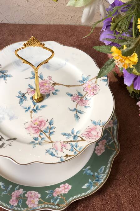 Buy_Vigneto_Green Finest Premium Porcelain Blossom Victorian Two Tier Dessert Stand_Online_at_Aza_Fashions