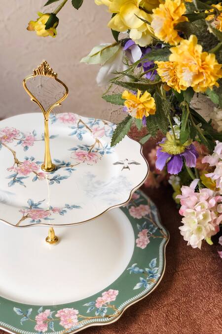 Shop_Vigneto_Green Finest Premium Porcelain Blossom Victorian Two Tier Dessert Stand_Online_at_Aza_Fashions