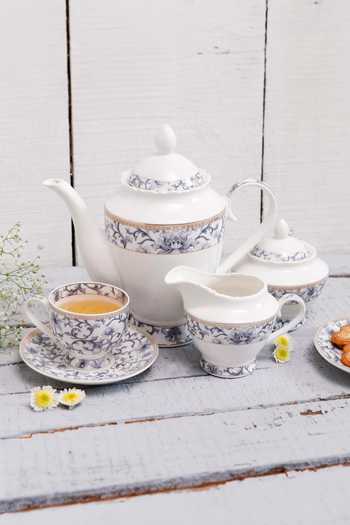 Buy Vigneto Blue Finest Premium Porcelain Liberty Pattern Embossed Tea Set at Aza Fashions Buy_Vigneto_Blue Finest Premium Porcelain Liberty Pattern Embossed Tea Set_at_Aza_Fashions