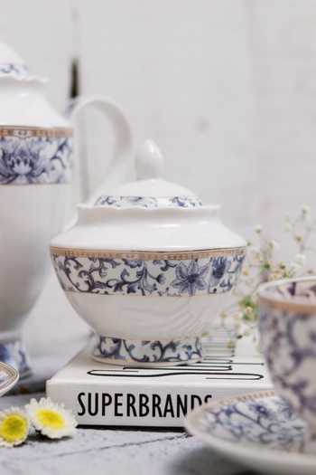 Shop Vigneto Blue Finest Premium Porcelain Liberty Pattern Embossed Tea Set at Aza Fashions Shop_Vigneto_Blue Finest Premium Porcelain Liberty Pattern Embossed Tea Set_at_Aza_Fashions