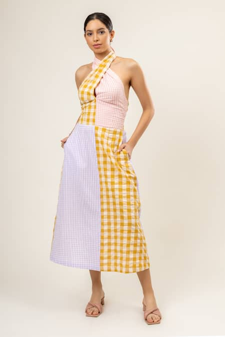 Doodlage Seersucker Checkered Halter Neck Midi Dress 