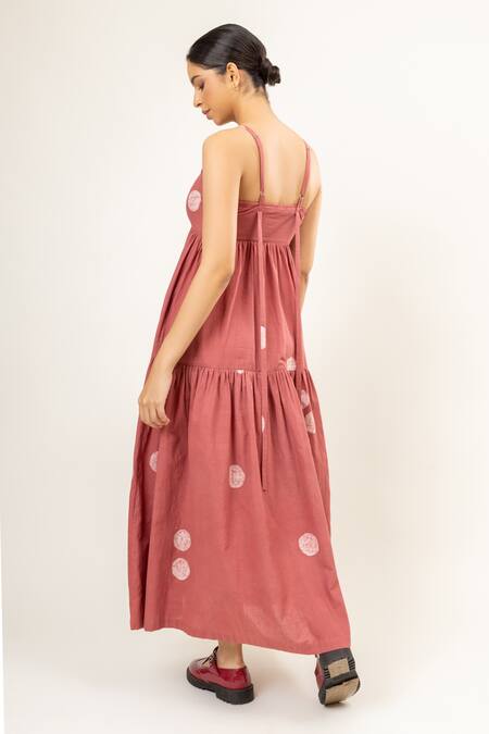 Doodlage Pink Cotton Square Neck Batik Pattern Tiered Maxi Dress Online at Aza Fashions Doodlage_Pink Cotton Square Neck Batik Pattern Tiered Maxi Dress _Online_at_Aza_Fashions