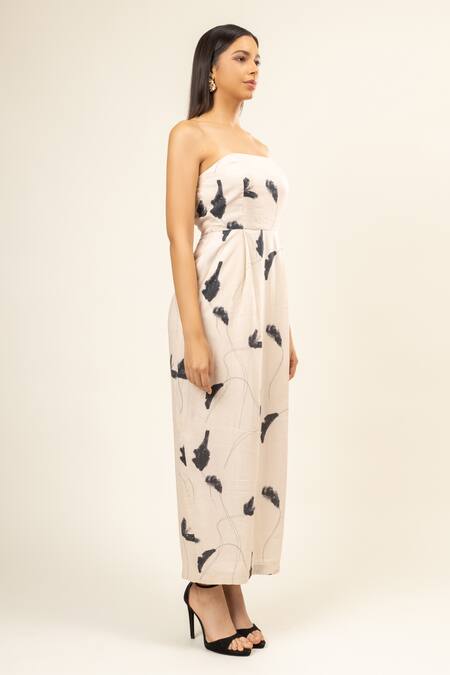 Doodlage Cream Linen Off-shoulder Brushstroke Flora Strapless Dress at Aza Fashions Doodlage_Cream Linen Off-shoulder Brushstroke Flora Strapless Dress _at_Aza_Fashions
