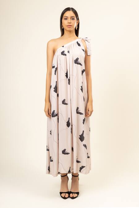 Doodlage_Cream Modal, Viscose One Shoulder Brushstroke Bloom Dress _Online_at_Aza_Fashions