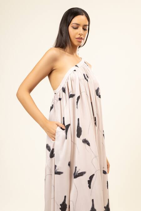 Buy_Doodlage_Cream Modal, Viscose One Shoulder Brushstroke Bloom Dress _Online_at_Aza_Fashions