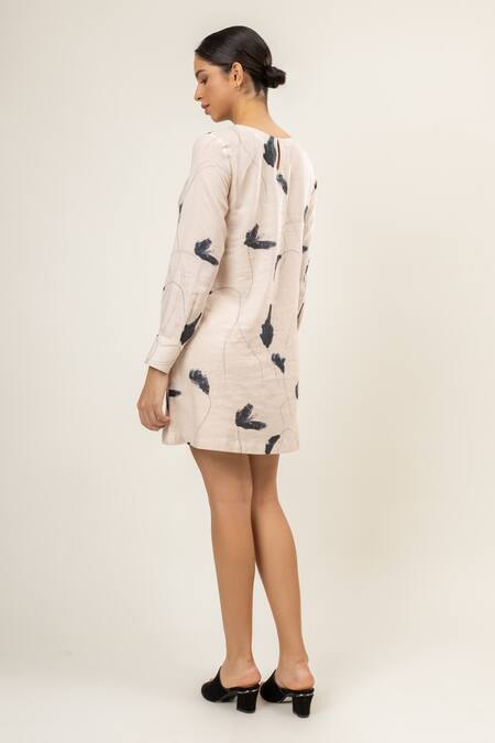 Doodlage_Cream Linen Boat Neck Brushstroke Blossom Dress _Online_at_Aza_Fashions