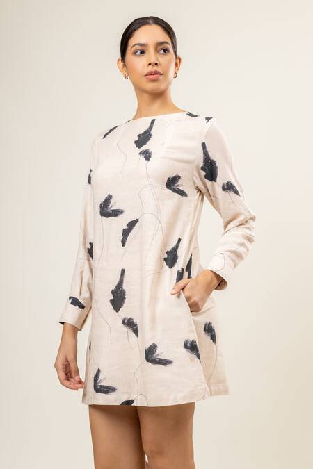 Buy_Doodlage_Cream Linen Boat Neck Brushstroke Blossom Dress _Online_at_Aza_Fashions
