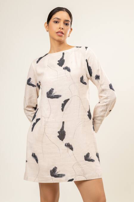 Shop_Doodlage_Cream Linen Boat Neck Brushstroke Blossom Dress _Online_at_Aza_Fashions